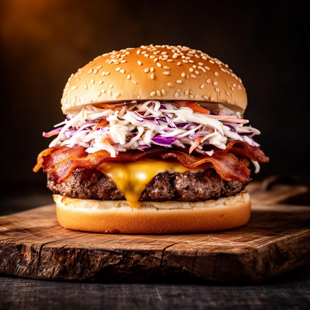 P&J Famous Slaw Burger with bacon, cheese, and coleslaw
